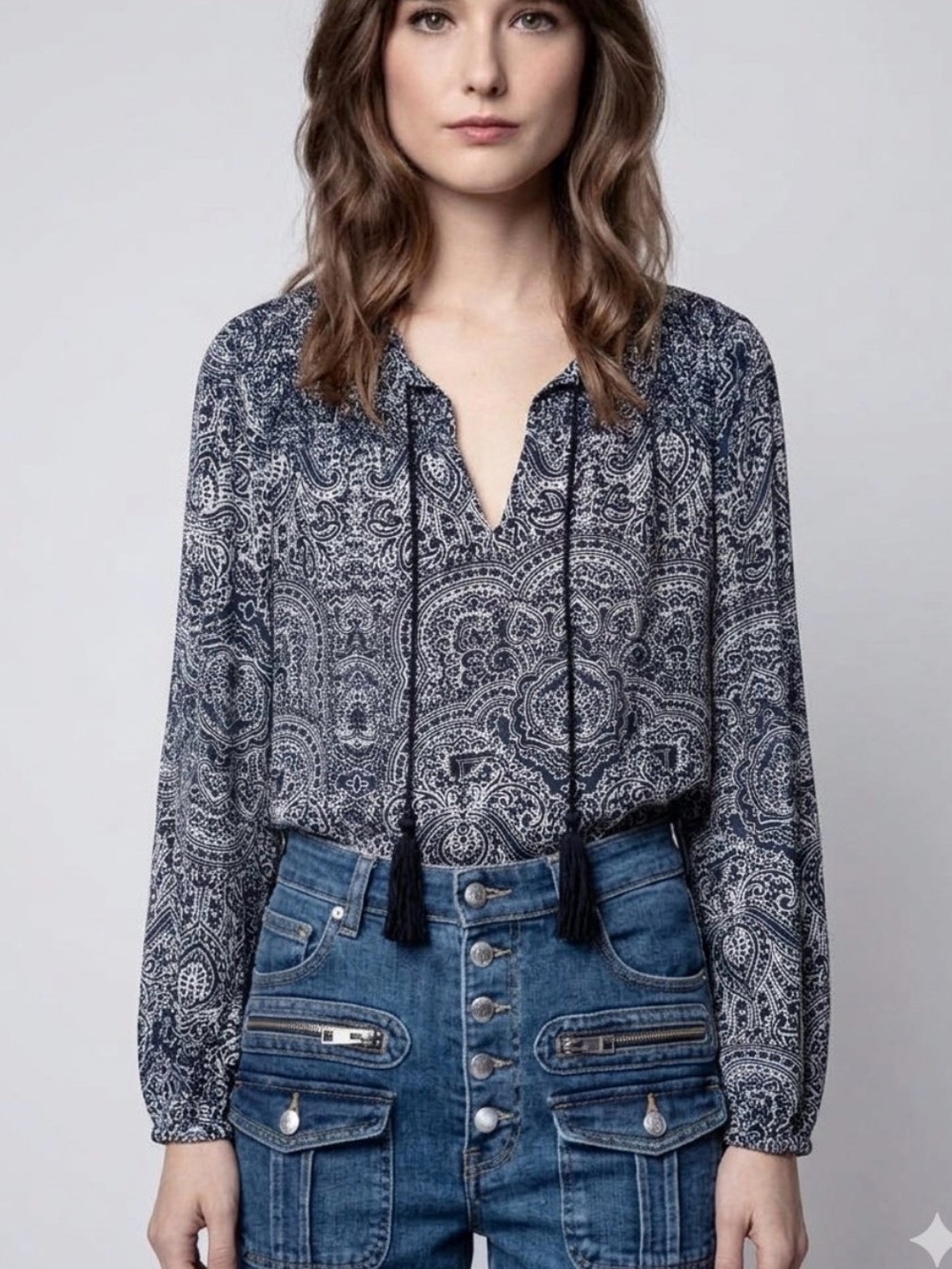 Ella Moss Navy Paisley Tie-Front Blouse